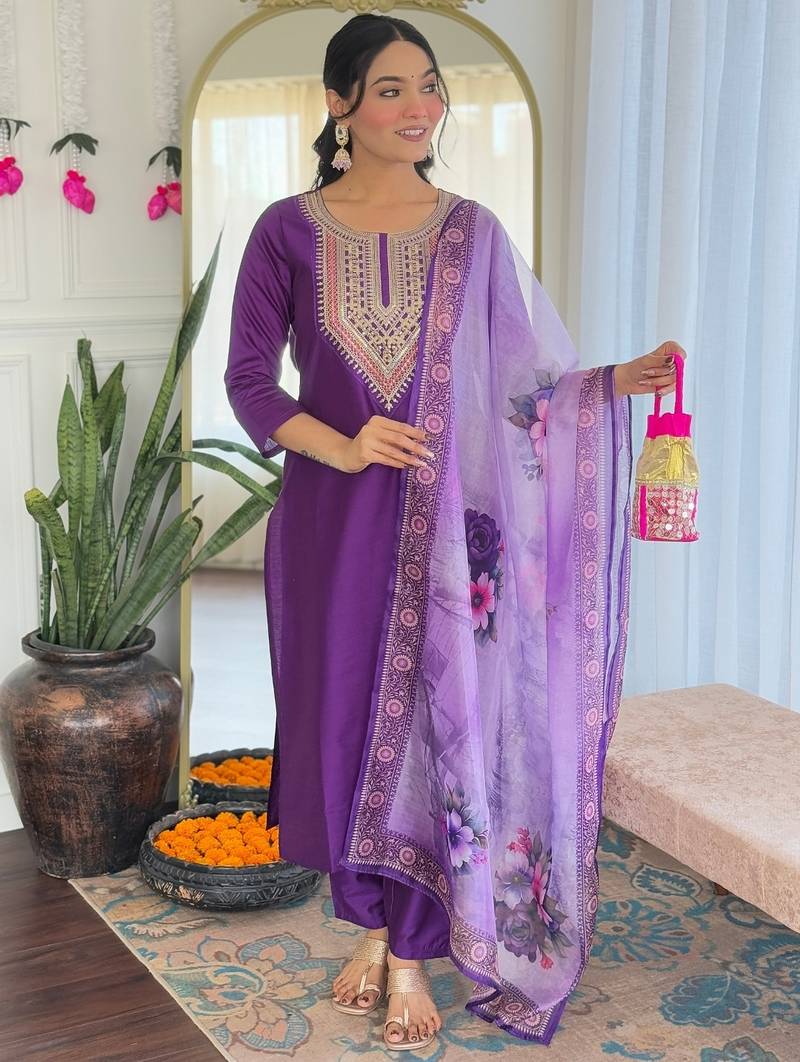 Elegant purple colored party wear embroidered stitched rayon pant style kurti suit with duppatta