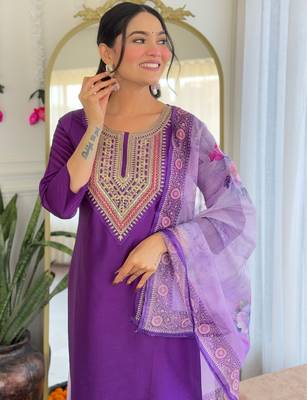 Elegant purple colored party wear embroidered stitched rayon pant style kurti suit with duppatta 2