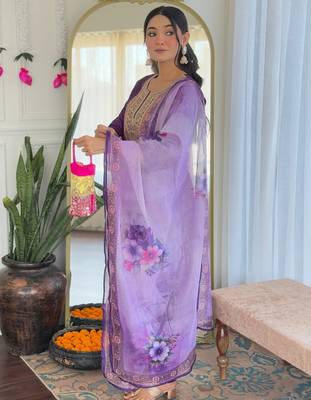 Elegant purple colored party wear embroidered stitched rayon pant style kurti suit with duppatta 4