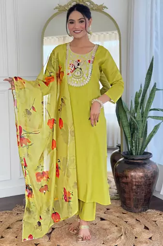 Elegant yellow colored party wear embroidered stitched rayon pant style kurti suit with duppatta