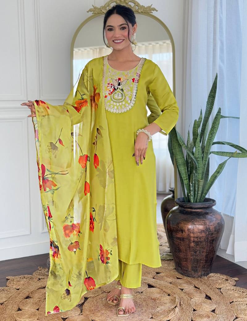 Elegant yellow colored party wear embroidered stitched rayon pant style kurti suit with duppatta