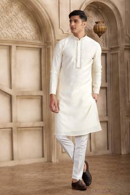 men's cream straight kurta pajama with plain banarasi art silk and with lining 1
