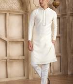 Men's cream straight kurta with plain banarasi art silk and with lining