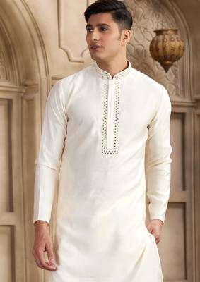 men's cream straight kurta pajama with plain banarasi art silk and with lining 2