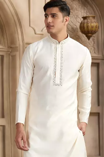 men's cream straight kurta pajama with plain banarasi art silk and with lining
