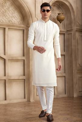 men's cream straight kurta pajama with plain banarasi art silk and with lining 3
