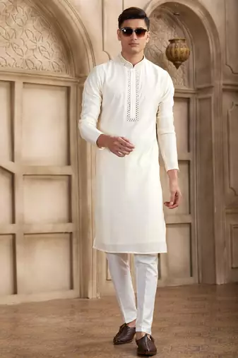 men's cream straight kurta pajama with plain banarasi art silk and with lining
