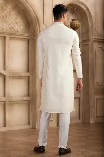 men's cream straight kurta pajama with plain banarasi art silk and with lining