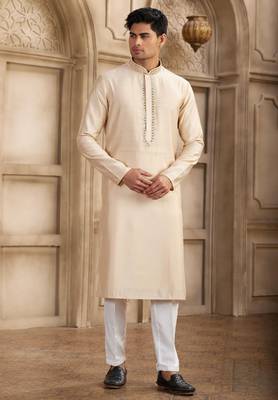 men's beige straight kurta pajama with plain banarasi art silk and with lining 1