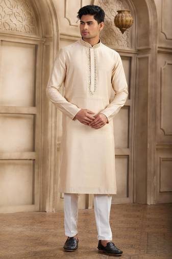 Men's beige straight kurta with plain banarasi art silk and with lining