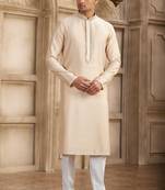 Men's beige straight kurta with plain banarasi art silk and with lining