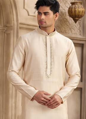 men's beige straight kurta pajama with plain banarasi art silk and with lining 2