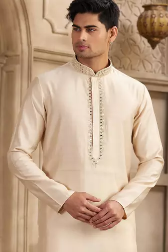 men's beige straight kurta pajama with plain banarasi art silk and with lining