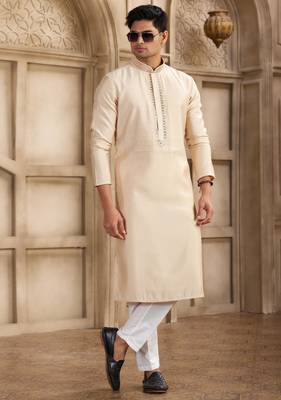 men's beige straight kurta pajama with plain banarasi art silk and with lining 3