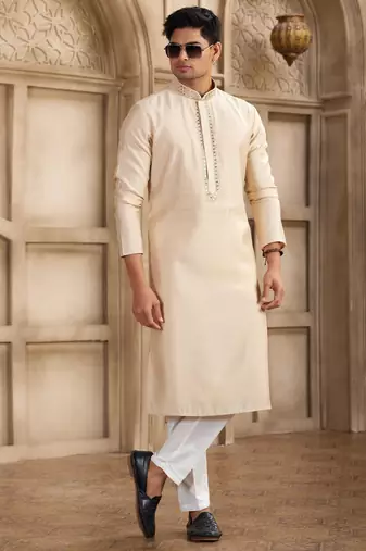 men's beige straight kurta pajama with plain banarasi art silk and with lining