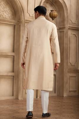 men's beige straight kurta pajama with plain banarasi art silk and with lining 4