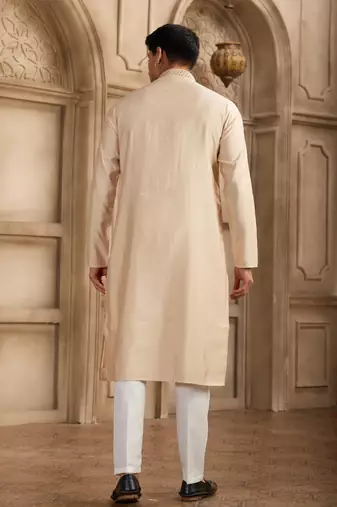 men's beige straight kurta pajama with plain banarasi art silk and with lining