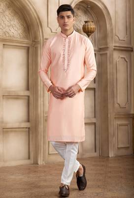 men's pink straight kurta pajama with plain banarasi art silk and with lining 1