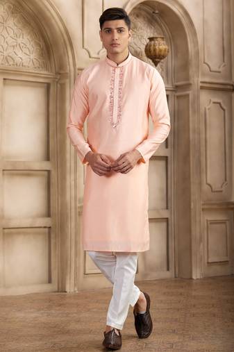 Men's pink straight kurta with plain banarasi art silk and with lining