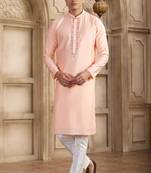 Men's pink straight kurta with plain banarasi art silk and with lining