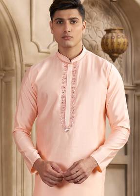 men's pink straight kurta pajama with plain banarasi art silk and with lining 2