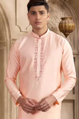 men's pink straight kurta pajama with plain banarasi art silk and with lining