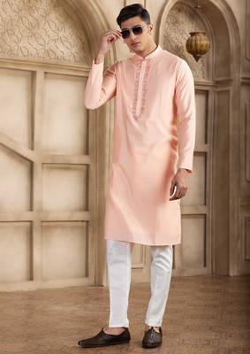 men's pink straight kurta pajama with plain banarasi art silk and with lining 3