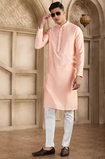 men's pink straight kurta pajama with plain banarasi art silk and with lining