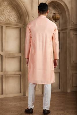 men's pink straight kurta pajama with plain banarasi art silk and with lining 4