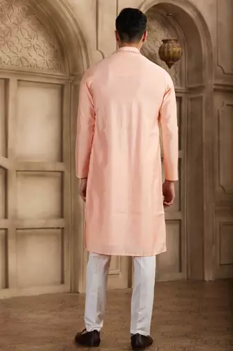 men's pink straight kurta pajama with plain banarasi art silk and with lining