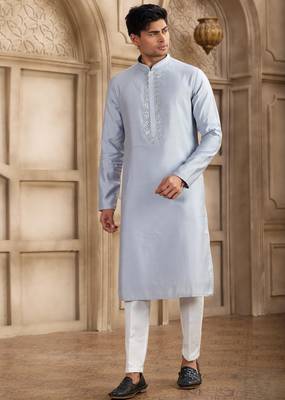 men's sky blue straight kurta pajama with plain banarasi art silk and with lining 1
