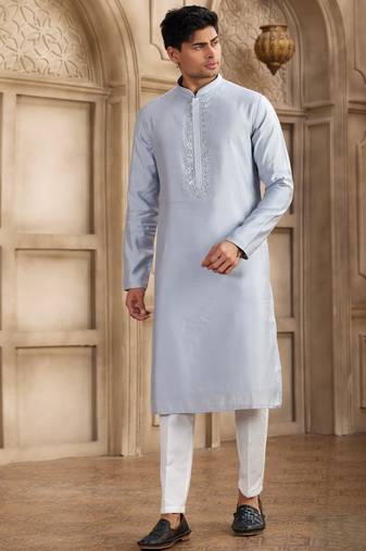 Men's sky blue straight kurta with plain banarasi art silk and with lining