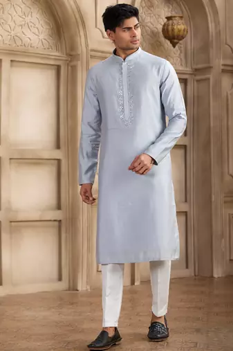 Men's sky blue straight kurta with plain banarasi art silk and with lining