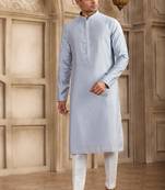 Men's sky blue straight kurta with plain banarasi art silk and with lining