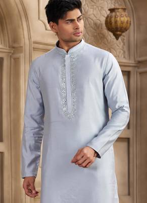 men's sky blue straight kurta pajama with plain banarasi art silk and with lining 2