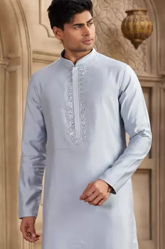 men's sky blue straight kurta pajama with plain banarasi art silk and with lining
