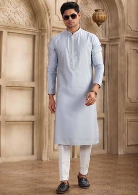 men's sky blue straight kurta pajama with plain banarasi art silk and with lining 3