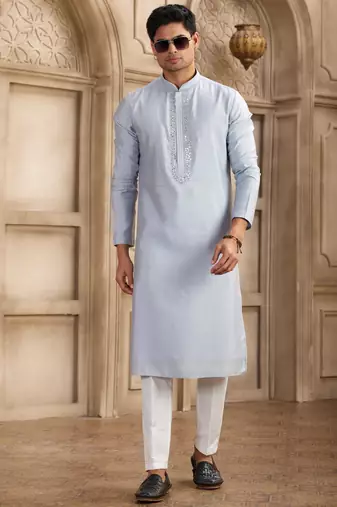 men's sky blue straight kurta pajama with plain banarasi art silk and with lining