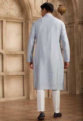 men's sky blue straight kurta pajama with plain banarasi art silk and with lining 4