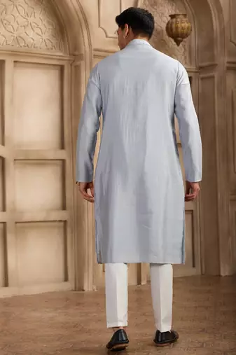 men's sky blue straight kurta pajama with plain banarasi art silk and with lining