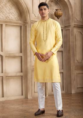 men's yellow straight kurta pajama with plain banarasi art silk and with lining 1
