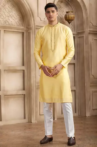 Men's yellow straight kurta with plain banarasi art silk and with lining