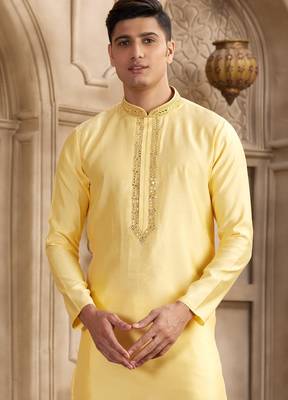 men's yellow straight kurta pajama with plain banarasi art silk and with lining 2