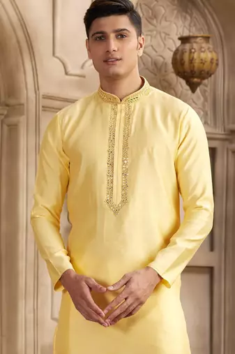 men's yellow straight kurta pajama with plain banarasi art silk and with lining