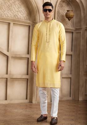 men's yellow straight kurta pajama with plain banarasi art silk and with lining 3
