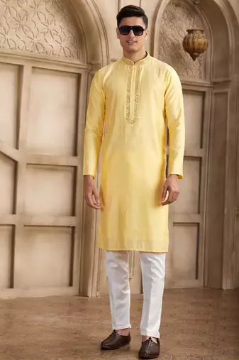 men's yellow straight kurta pajama with plain banarasi art silk and with lining