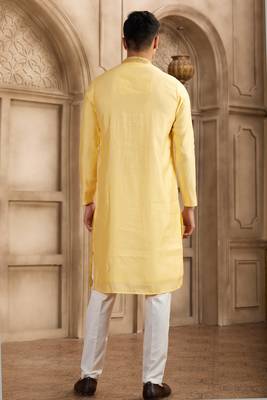 men's yellow straight kurta pajama with plain banarasi art silk and with lining 4