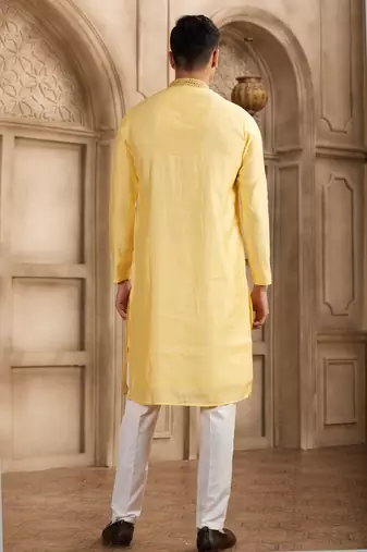 men's yellow straight kurta pajama with plain banarasi art silk and with lining