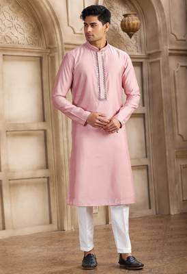 men's dark pink straight kurta pajama with plain banarasi art silk and with lining 1