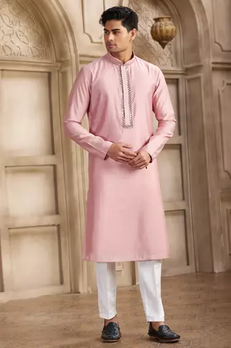 Men's dark pink straight kurta with plain banarasi art silk and with lining